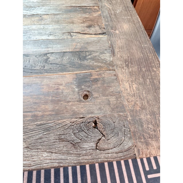 Vintage Restoration “Flatiron” Dining Table Reclaimed Elm Barn Wood Door & Iron Trestle/Casters For Sale - Image 10 of 12