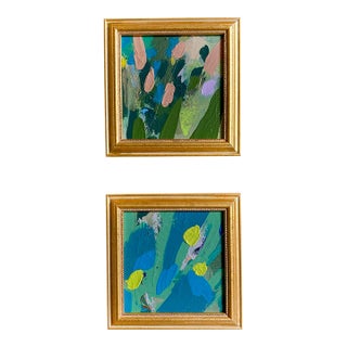 "Punctuating Blooms" Pair of Framed Mini Paintings by Jessalin Beutler For Sale