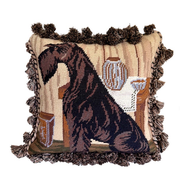 Vintage Needlepoint Scottish Terrier Dog Pillow With Fringe For Sale