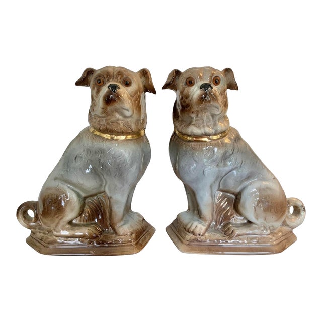 19th Century Antique Pair of Bo’Ness Pug Dog Figurines - Staffordshire Style Scottish Pottery With Glass Eyes & Gilt Collars - 12” Tall For Sale