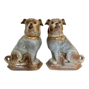 19th Century Antique Pair of Bo’Ness Pug Dog Figurines - Staffordshire Style Scottish Pottery With Glass Eyes & Gilt Collars - 12” Tall