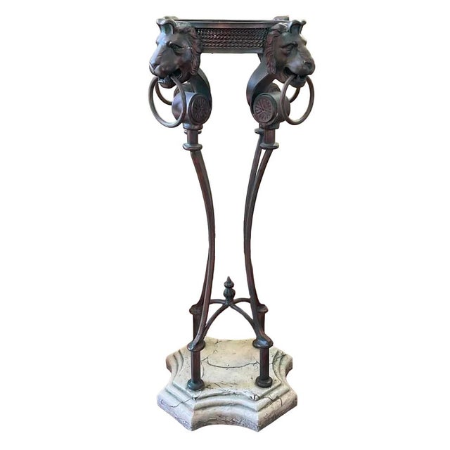 1960s Pair of Neoclassical Lion-Head Plant Stands With Faux-Marble Base For Sale - Image 12 of 17