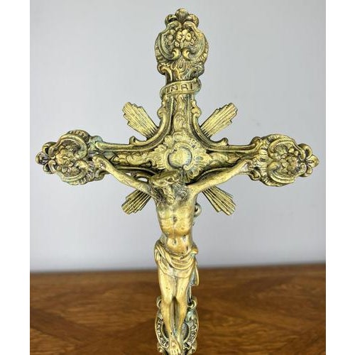 Vintage French Brass Religious Ornate Altar Cross For Sale - Image 5 of 13