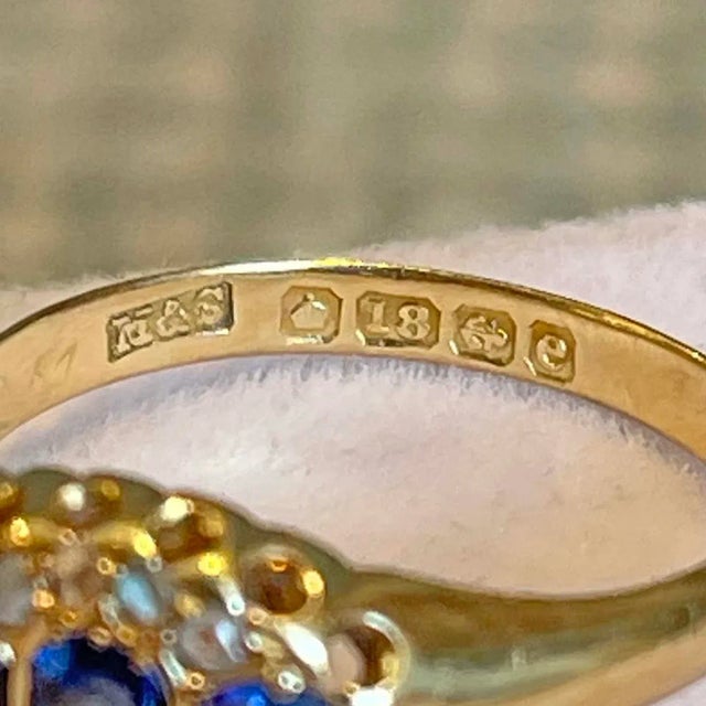 1904 Edwardian Sapphire Diamond 18k Gold Ring Size 7.5 For Sale - Image 9 of 11