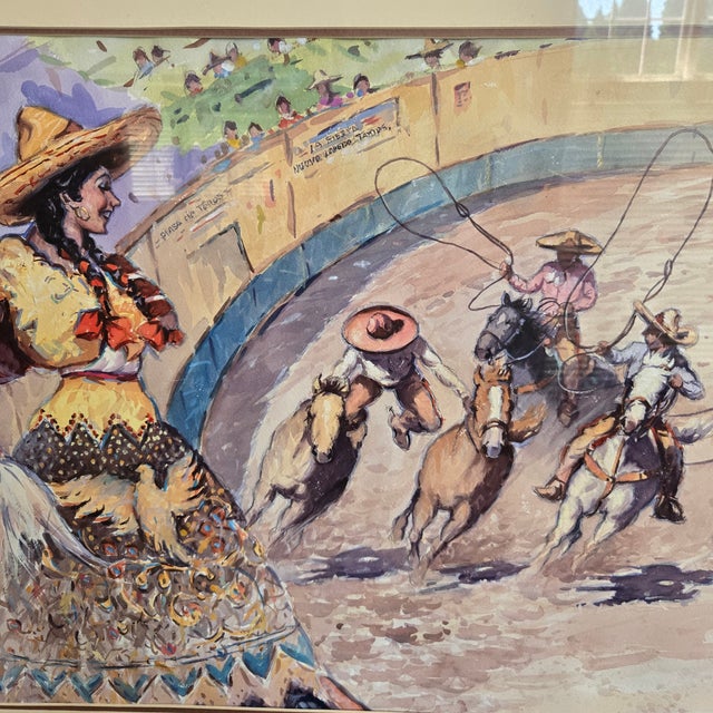 2010s Lorenzo Castñeda 2011 "La Fiesta Vaquera" Framed Watercolor 39"w X 27"h Beautiful Western Piece For Sale - Image 5 of 18