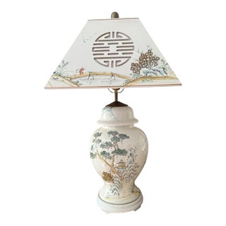 Vintage Chinese Export Ceramic Table Lamp Hand Painted Chinoiserie With Matching Shade For Sale