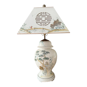 Vintage Chinese Export Ceramic Table Lamp Hand Painted Chinoiserie With Matching Shade
