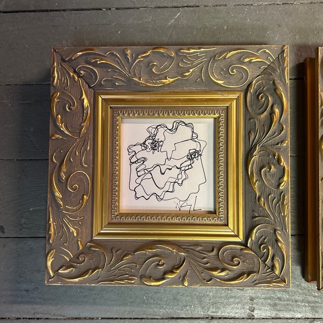 Set of two contemporary original Wayne Cunningham abstract pen and ink drawings. Each signed and framed. Measure 4x4 or...