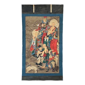 Large Chinese Canvas Art of Part of Sixteen Arhats With Guards Theme