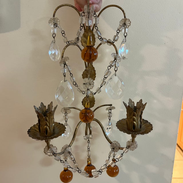 Antique Pair of Italian Gold Gilt & Crystal Candle Sconces For Sale - Image 10 of 12