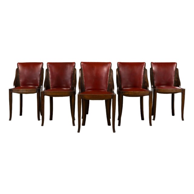 1930s French Art Deco Maple Gondola Dining Chairs W/ Red Faux Leather - Set of 6 For Sale