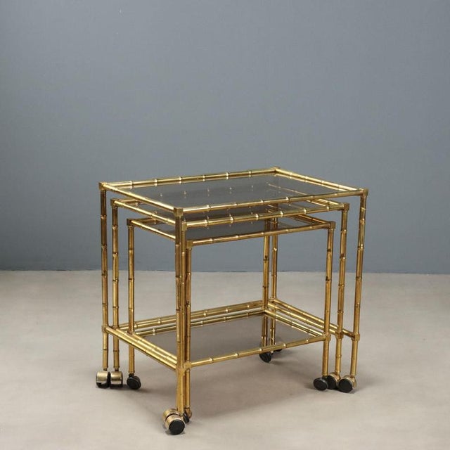Brass and Smoked Glass Nesting Coffee Tables, 1980s, Set of 3 For Sale - Image 3 of 9