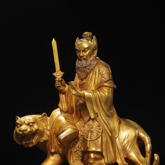 Late 19th Century Late 19th Century Gilt Bronze Zhang Tianshi Statue on Tiger, Taoist Deity, 8.76kg For Sale - Image 5 of 9