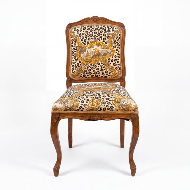 1950s French Carved Oak Chair in Brunschwig & Fils Chinoiserie Leopard Fabric For Sale - Image 4 of 6