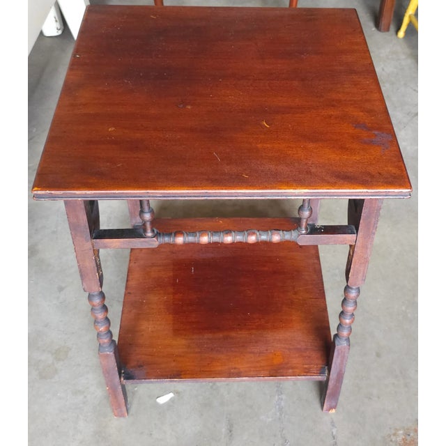 A Late 19th Century Stained Victorian Mahogany & Walnut Square Side Table or Floor Candle Stand. Mahogany top on bobbin...