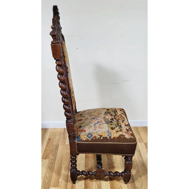 Wood Antique French Renaissance Revival Jacobean Carved Needlepoint Chair For Sale - Image 7 of 14