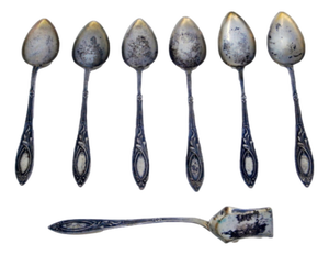 Silver Coffee Spoons and Sugar Shovel with Pearly Handle Reliefs, Set of 6