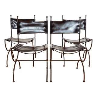 Vintage Dining Chairs in Leather and Wrought Iron, 1970s, Set of 4 For Sale