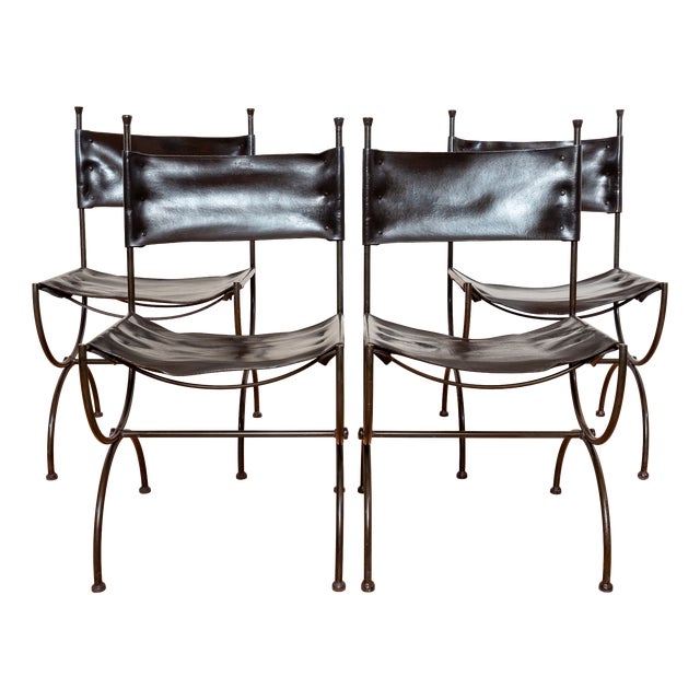 Vintage Dining Chairs in Leather and Wrought Iron, 1970s, Set of 4 For Sale