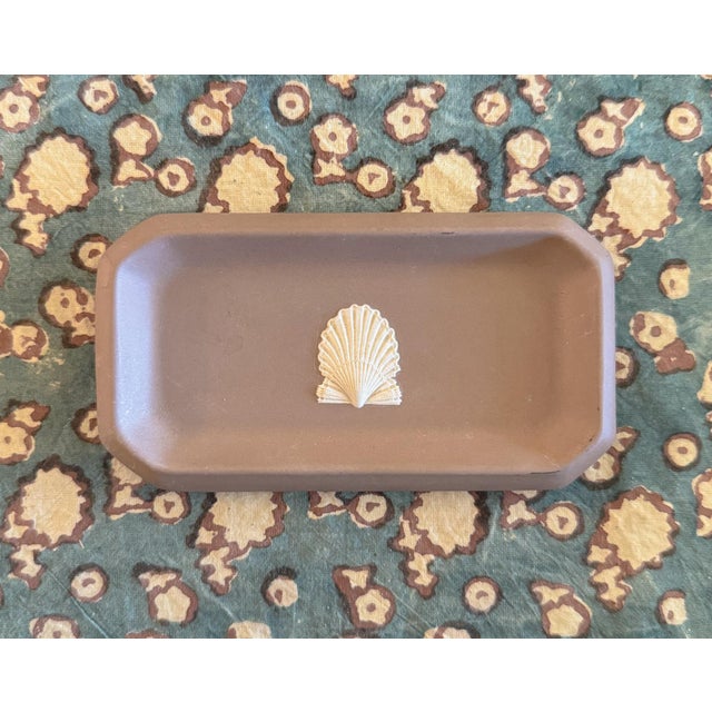 Beautiful and unexpected Wedgwood cream on taupe jasperware oblong tray. The oyster-gray taupe design features a centered...