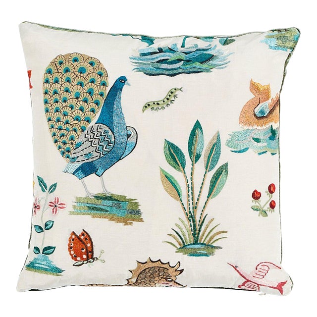 Schumacher Royal Silk Embroidery 14" Pillow in Blue For Sale