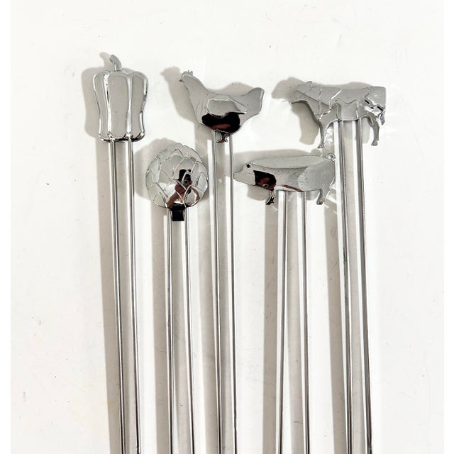 Mid-Century Modern Vintage Stainless Steel Figural Skewers Cocktail Picks, Set of 5 For Sale - Image 3 of 7