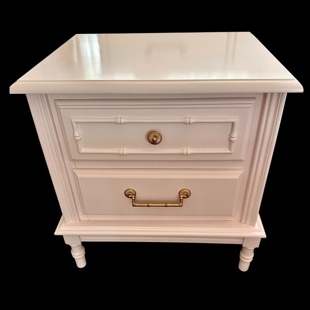 Beautiful pair of Hollywood Regency / Coastal faux bamboo nightstands freshly lacquered in Benjamin Moore’s “wispy pink” ....