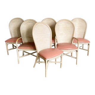 Boho Chic Bamboo Rattan Wavy Pencil Reed Dining Chairs With Peach Vinyl - Set of 6 For Sale