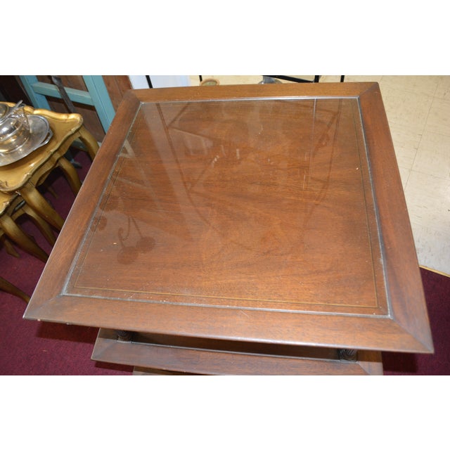 1960s Barbara Baker Style 3 Tier Square Wood & Glass Top Table W/ Columns & on Castors For Sale - Image 11 of 18