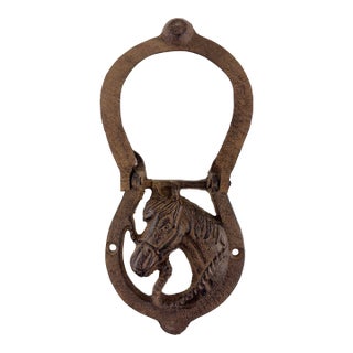 Vintage Cast Iron Horse Head Horseshoe Door Knocker Rustic Equestrian For Sale