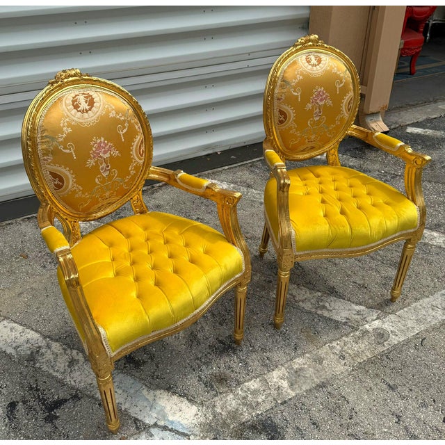 2020s French Style Yellow Velvet Chairs With Gold Details- Set of 2 For Sale - Image 5 of 9