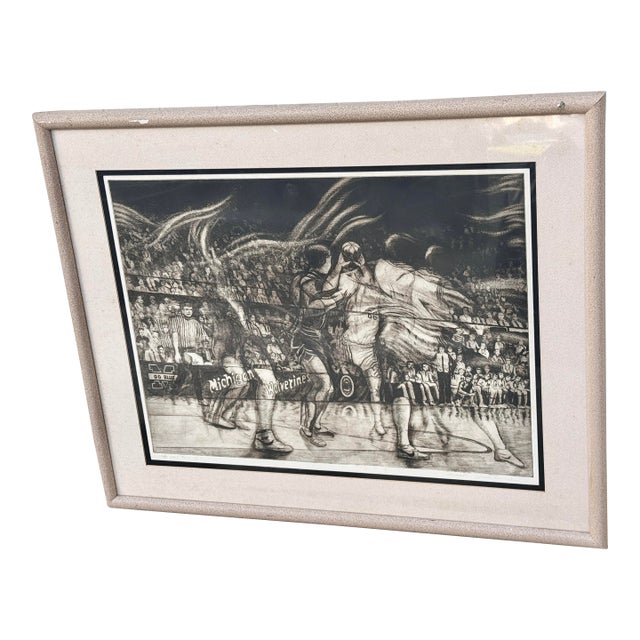 Vintage Michigan Wolverine Basketball 1987 Takeshi Yamada Framed Intaglio Print For Sale