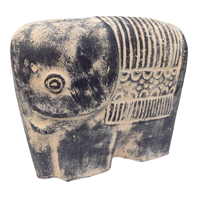 Vintage Brutalist Blackwashed Terracotta Elephant Sculpture For Sale