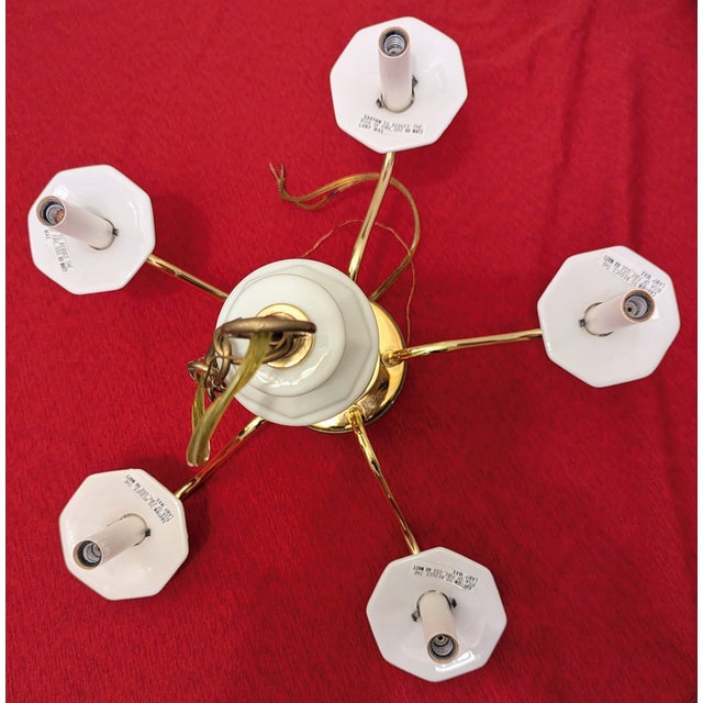 Vintage Brass & White Porcelain 5-Light Chandelier Gilded Georgian For Sale In Raleigh - Image 6 of 12