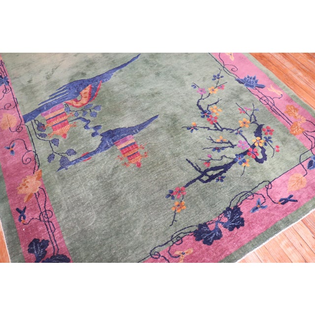 Pink Green Antique Chinese Art Deco Foyer Size Carpet For Sale - Image 17 of 18