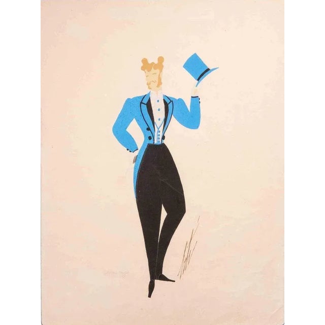 Modern Erté, Masc Regis, Tempera, 1970s For Sale - Image 3 of 3