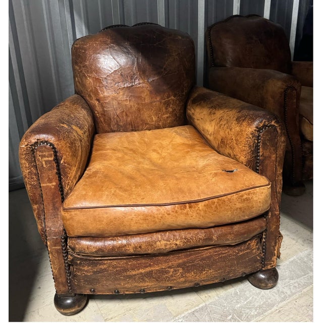 Pair of Antique English Leather Cigar Club Chairs, Circa 1900 For Sale - Image 4 of 5