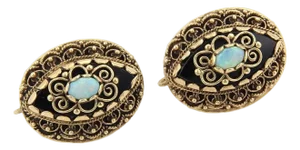Opal & Black Enamel Fancy Scroll Design Drop Earrings
