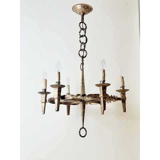Arts and Crafts Golden Hand-Forged Six-Light Iron Chandelier, Germany, 1920s For Sale - Image 17 of 18