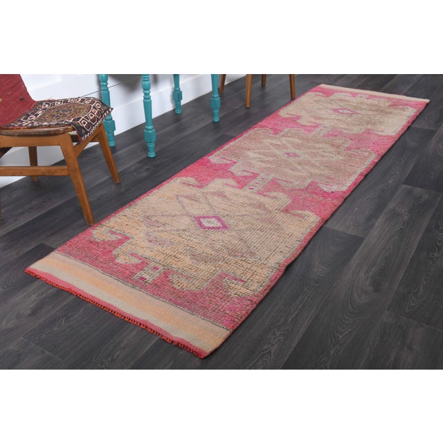 1970s Vintage Turkish Hand-Knotted Wool Cotton Pink Runner Rug For Sale - Image 4 of 11