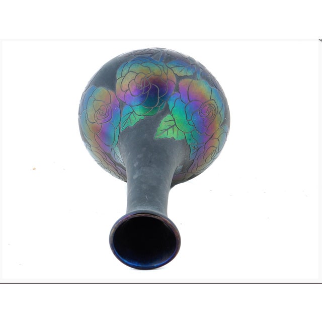 Art Deco Black Iridescent Amethyst Vase With Floral Design, Early 20th C., 13-Inch For Sale - Image 3 of 11