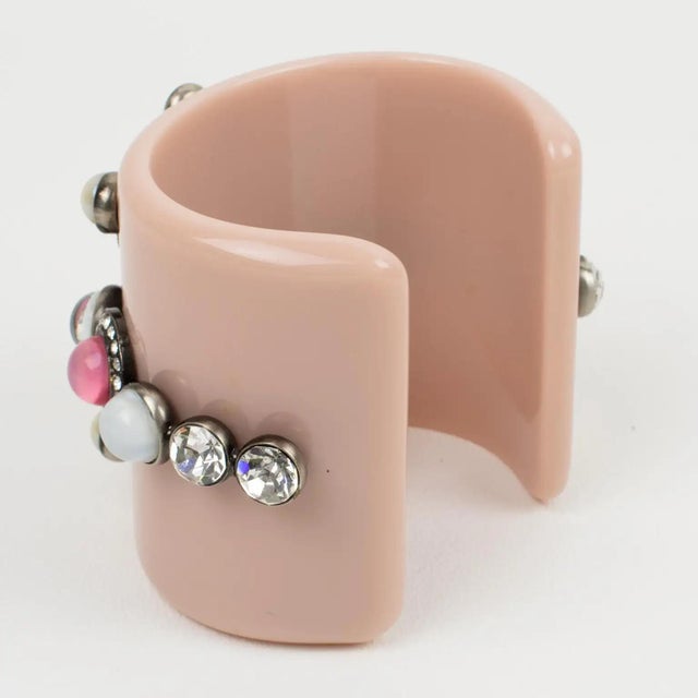 Pink Emilio Pucci Italy Extra-Wide Pale Pink Resin Jeweled Cuff Bracelet For Sale - Image 8 of 11