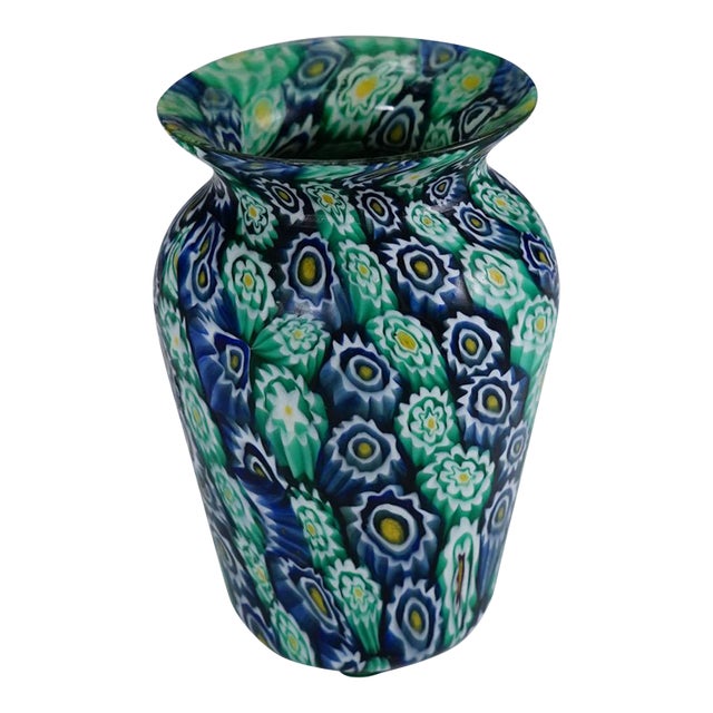 Antique Millefiori Vase Green Blue, Fratelli Toso Murano Ca. 1920s For Sale