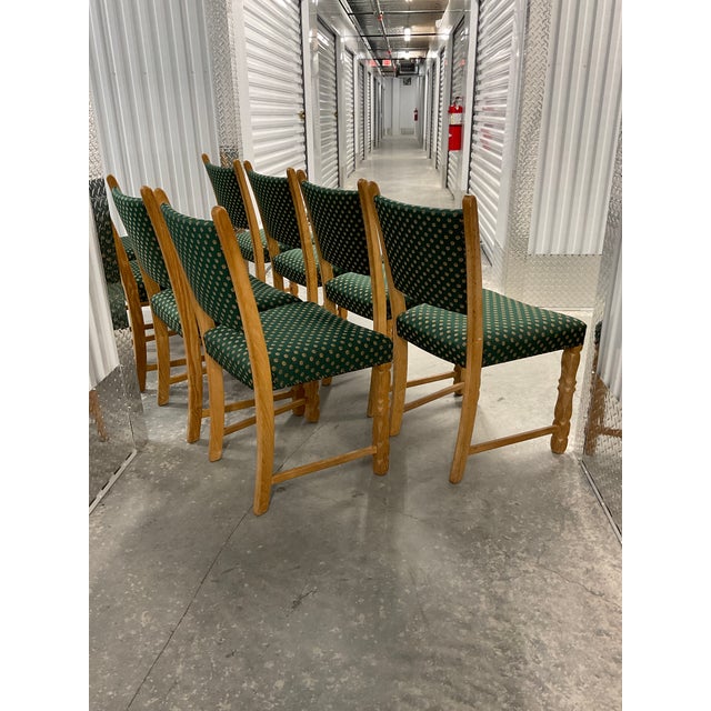 Henning Kjaernulf Set of 8 Danish Modern Oak Dining Chairs in Patterned Silk - Circa 1960s For Sale - Image 4 of 18