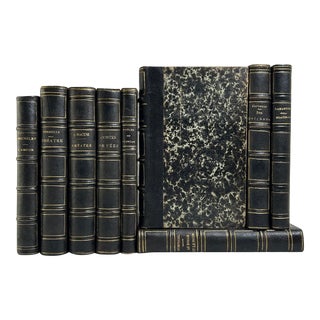 Mid 19th Century Black Leather Volumes, French Age of Enlightenment Drama, Fairy Tales & Novels - 9 Books For Sale