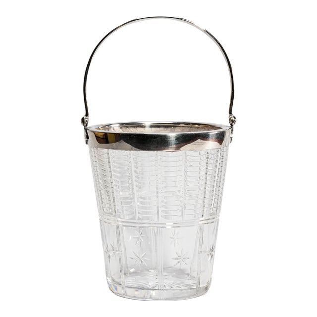 Brilliant English Vintage Crystal Ice Bucket Silverplate Rim Handle Luxury Barware Home Decor For Sale