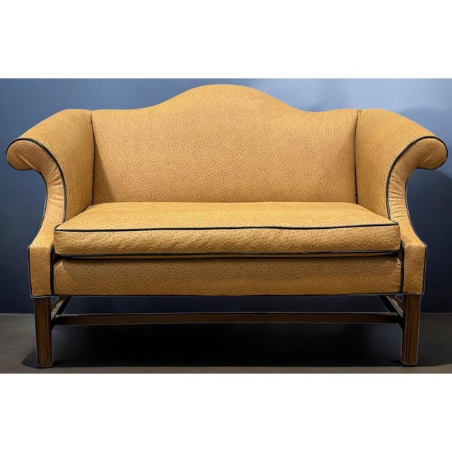 Gold Chinese Chippendale Style Camelback Settee in Ostrich Leather For Sale - Image 8 of 8