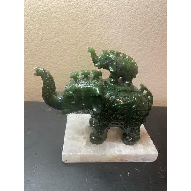Stone 1940s Exquisite Asian Carved Natural Jasper Jade 7” Trunk Up Elephant W/ Baby Elephant Symbol of Peace, Prosperity & Wisdom For Sale - Image 7 of 12