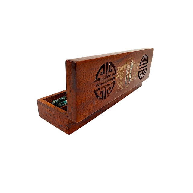 Wood Asian Modern Vietnamese Wooden Chopsticks for 8 With Green Mother of Pearl Marbled Tips Decorative Storage Box and Coordinating Rests - 25 pcs For Sale - Image 7 of 10