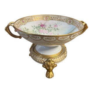 Antique Nippon Hand Painted Porcelain Compote Roses Landscape Gilt Footed Stand For Sale
